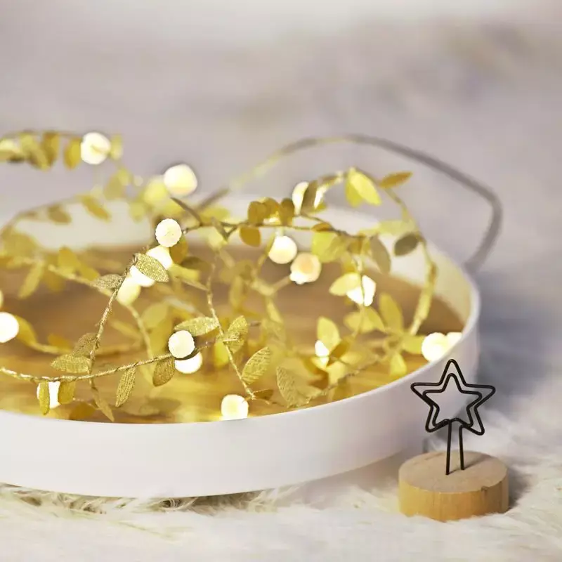 Złote liście LED bajkowe oświetlenie na baterie girlanda bożonarodzeniowa ozdoba do sypialni przyjęcie weselne ogród noworoczny wystrój