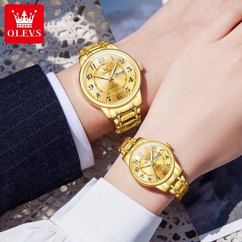 OLEVS-relógio de quartzo de aço inoxidável impermeável para casais, marca superior, luxo, moda, original, brilho, seu, seu, conjunto casal