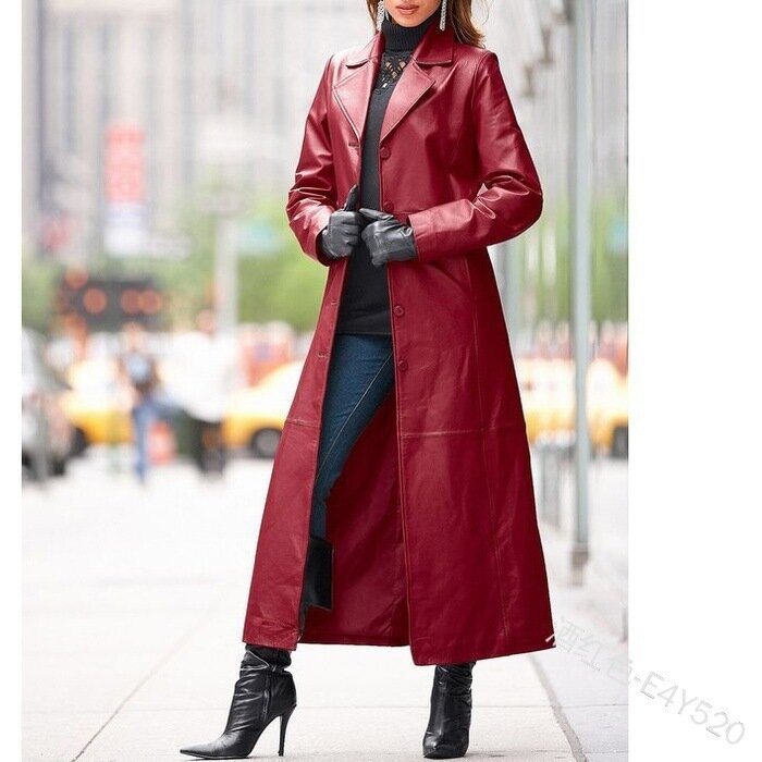 Casaco de couro PU de botão feminino, corte longo, slim fit, emagrecedor, casaco vento, roupas, outono, inverno, 2023