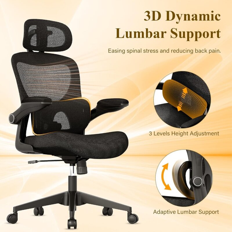 Ergonômico Mesh Office Chair, High Back Desk Chair, Apoio lombar ajustável, Flip-Up Braço, Encosto de cabeça, Roda giratória rolamento