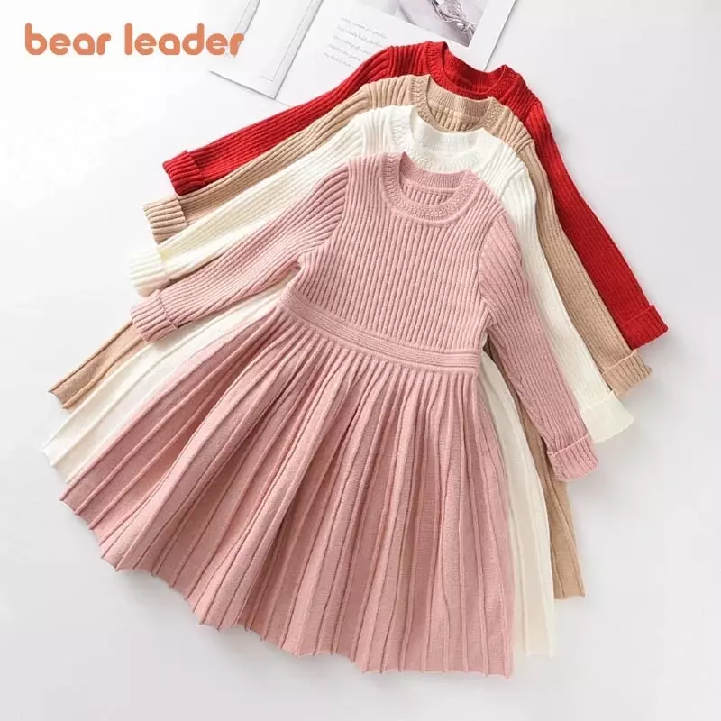 Bear Leader/платье-свитер с длинными рукавами; Одежда принцессы для маленьких девочек; Милые вечерние платья-пачки; Рождественская одежда для маленьких девочек