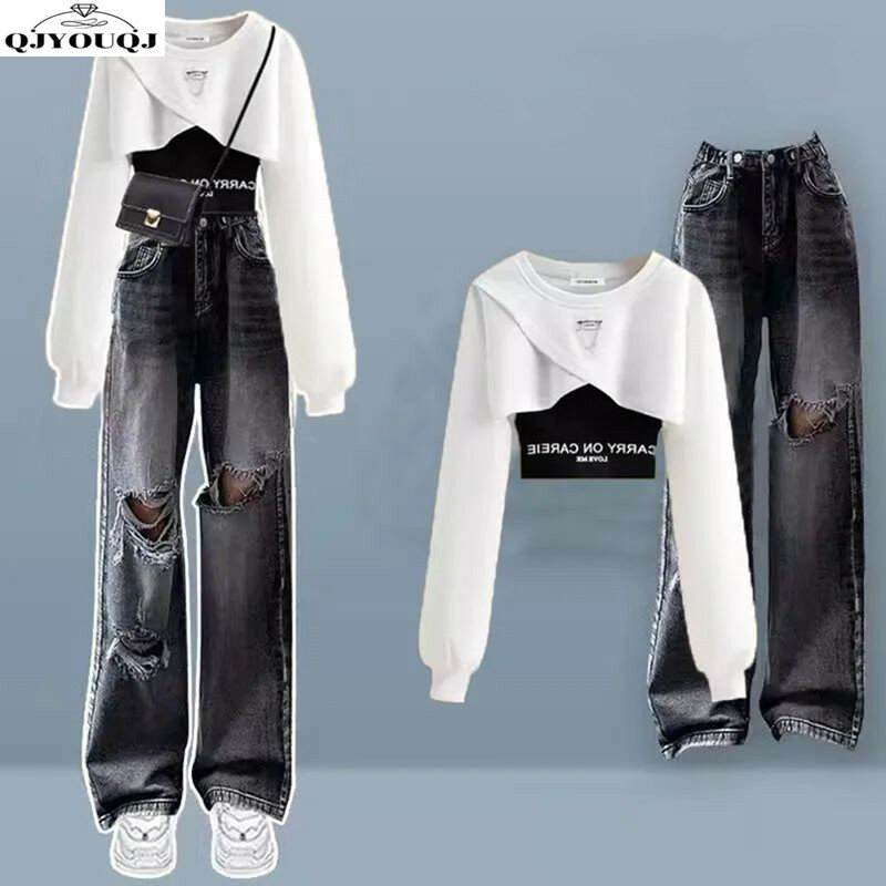 Women's Set Autumn Korean Fashion Long Sleeved Top Layered Hanging Straps+Perforated Jeans Three Piece Set Trendy