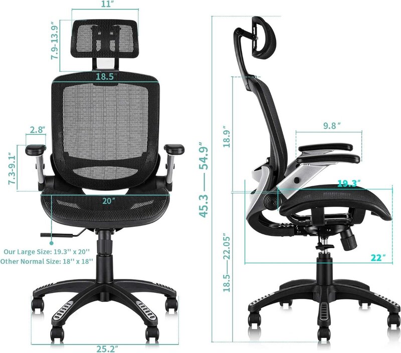 GABRYLLY 인체 공학적 메쉬 사무실 의자, 높은 등받이 책상 의자-플립 업 암, 조절 가능한 머리 받침대, 틸트 기능