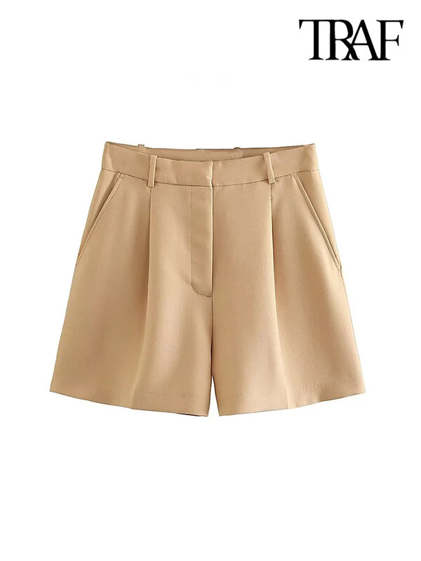 Traf Frauen Mode Seiten taschen Front Darts Bermuda Shorts Vintage hohe Taille Reiß verschluss fliegen weibliche kurze Hosen Mujer