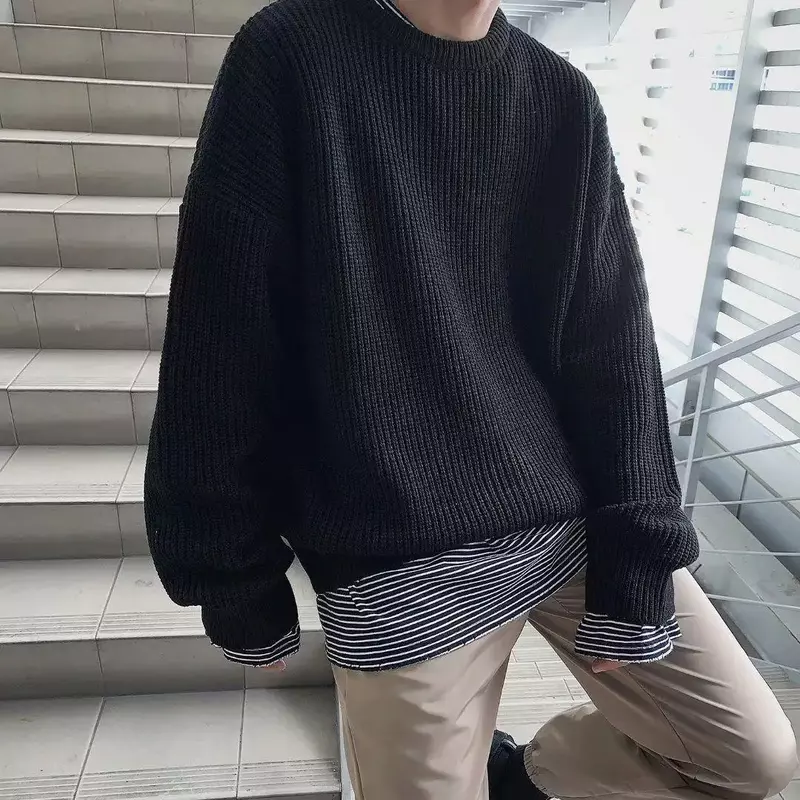 Мужской свитер с круглым вырезом, новинка сезона осень-зима 2023, вязаный свободный и утепленный пуловер в Корейском стиле, мужская одежда