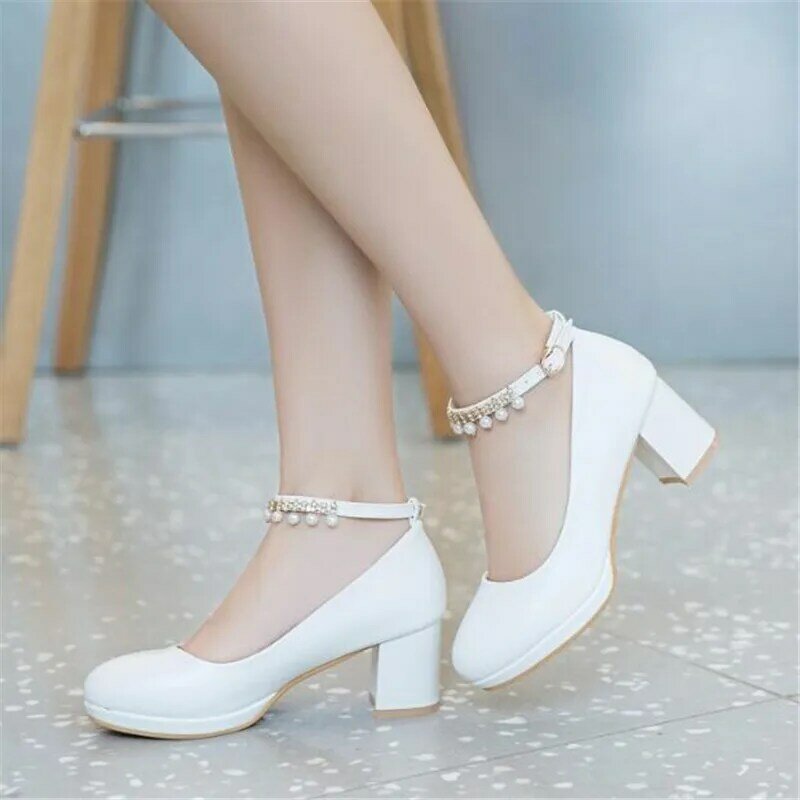 Size 30-43 Girls High Heels Shoes Woman Platform Pumps Fashion Pearl Women's Thick Heels Princess Party Office Wedding Shoes