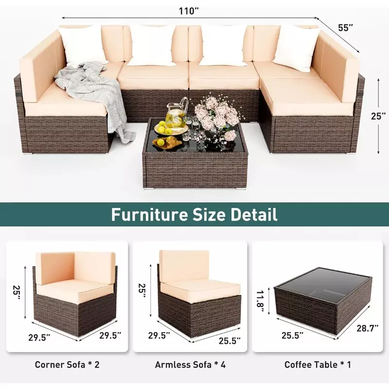 Set furnitur teras, 7 buah bagian Modular luar ruangan, Sofa anyaman teras, Set percakapan rotan dengan meja kopi