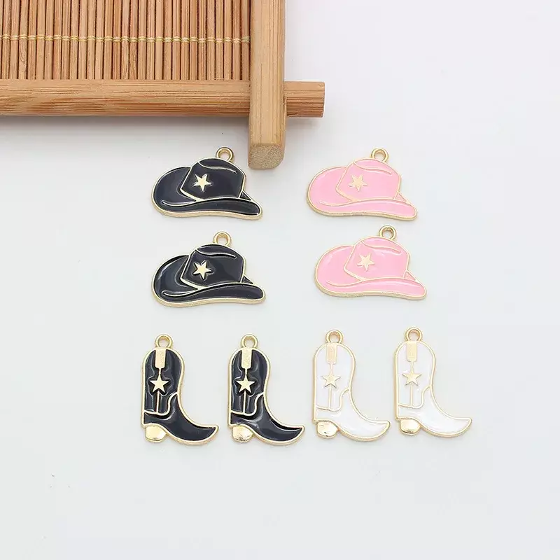 WZNB 10Pcs Enamel Cowboy Boots Hat Charms Alloy Pendant for Jewelry Making DIY Earrings Necklaces Accessories Wholesale