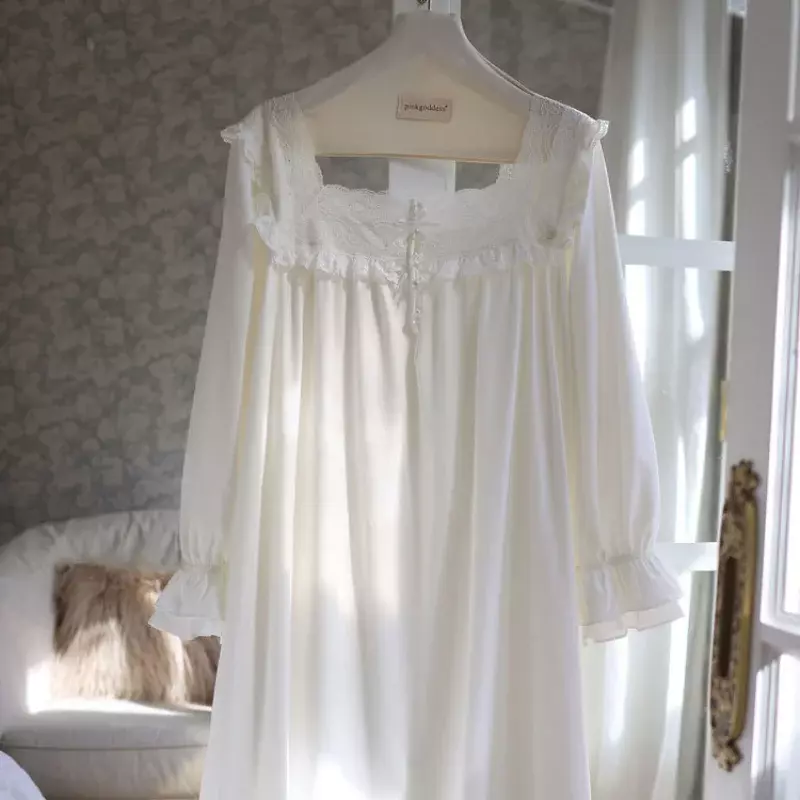Vintage bawełniana koszula nocna damskie bajkowe koronki słodka bielizna nocna z długim rękawem luźna suknia Peignoir sukienka wieczorowa suknia księżniczka bielizna nocna