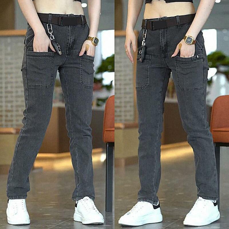 Men Denim Pants Retro Ankle Length Denim Jeans Trousers With Multi Pockets Soft Breathable Fabric For Men Mid Waist Straight Fit