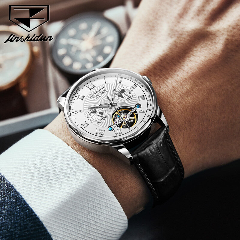 JSDUN Mens Mechanical Automatic Watch Skeleton Flywheel Design Waterproof Date Leather Strap Fashion Classic Wristwatches 8919