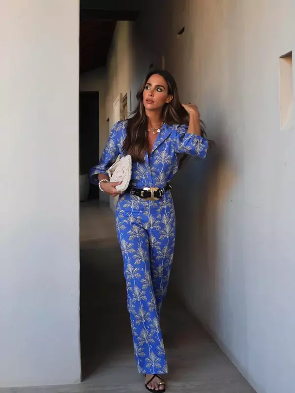 Chic Printed Pants Suit Women Casual Lapel Long Sleeve Shirt Loose Trousers New In Matching Sets 2024 Lady Holiday Outfit