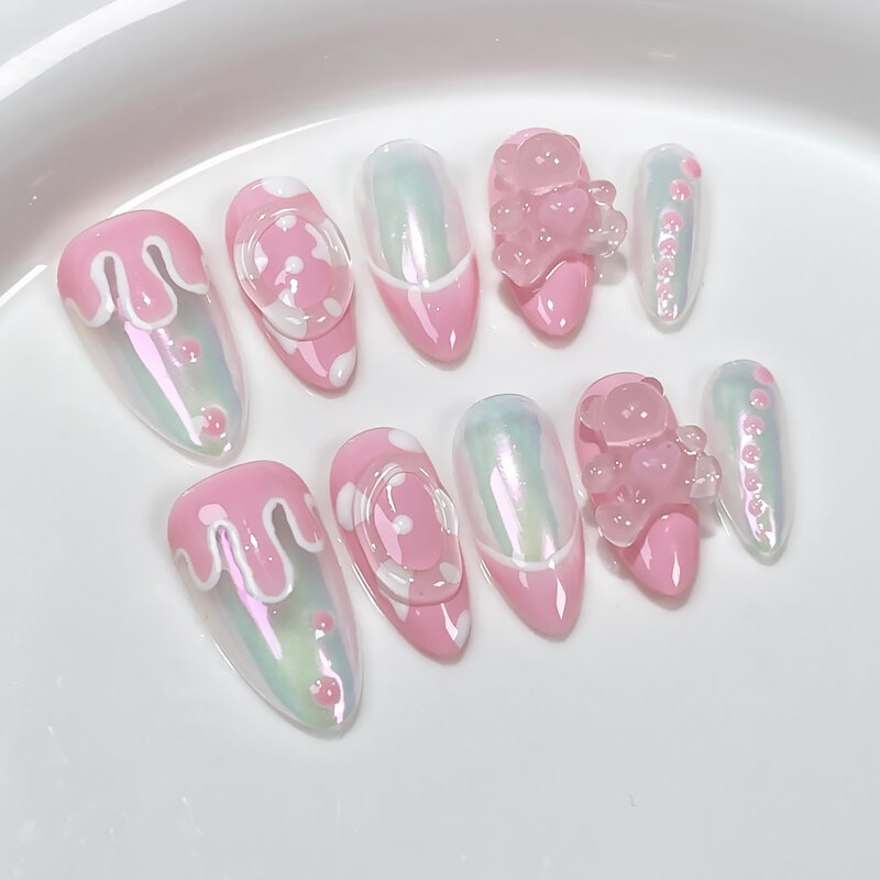 10Pcs Pink Handmade Almond Press on Nails Cute Ballet Wearable Rhinestones Aurora False Nails Decoration Manicure Nail Tip Store