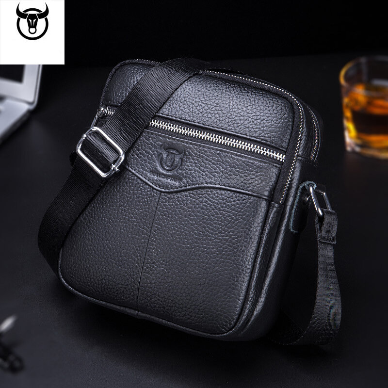 BULLCAPTAIN New Fashion Genuine Leather Shoulder bag men causal Crossbody Bags Small Brand double Zipper Male Messenger Bags