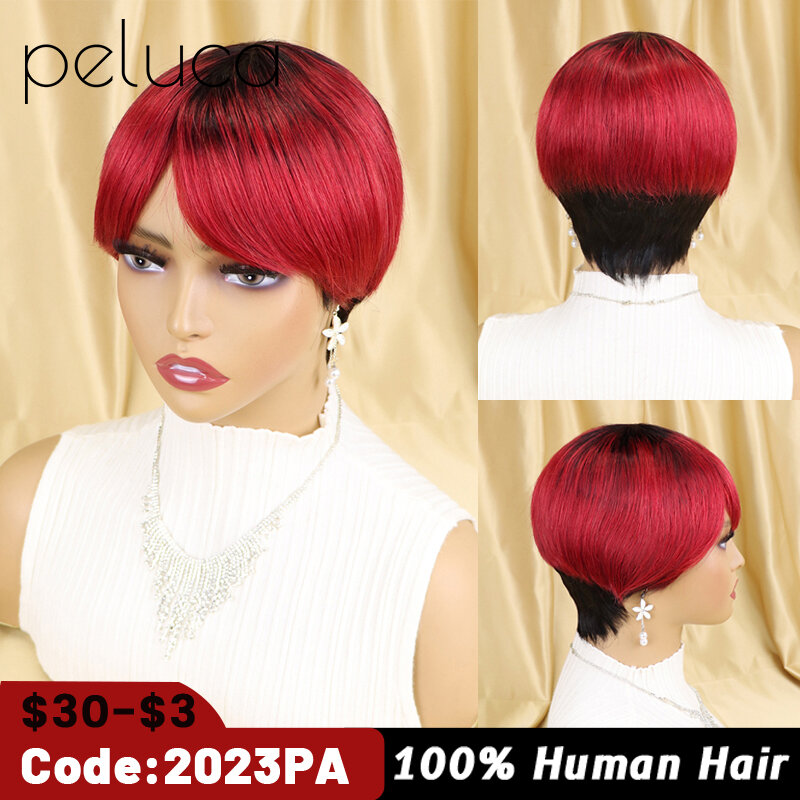 Pelucas de cabello humano brasileño Remy para mujeres negras, Pelo Corto con corte Pixie recto, completamente hecho a máquina, sin pegamento, barato, menos de 50 $