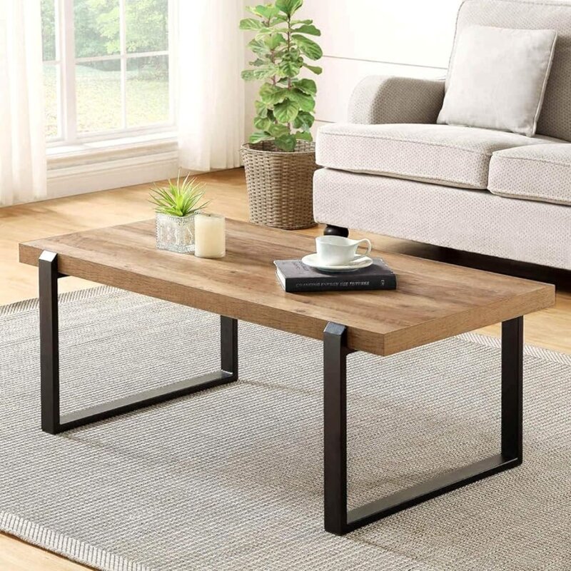 Modern Coffee Table Wood 47 Inch Oak Wood and Metal Industrial Cocktail Table for Living Room Salon Furniture Nightstands Tables