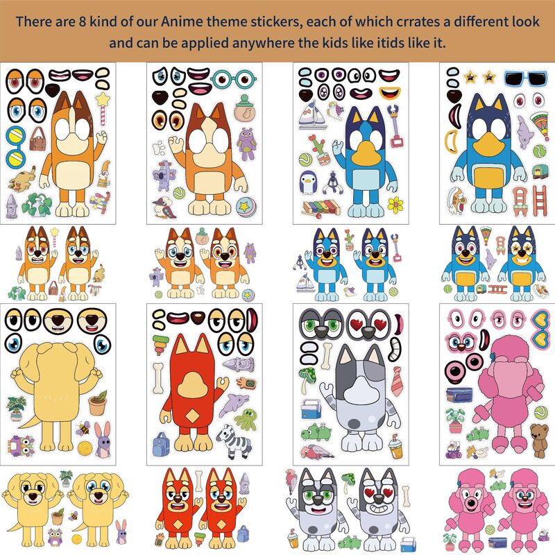 8 set di adesivi per cartoni animati Bluey cartone animato per bambini Bluey genitore-figlio Puzzle interattivo Account a mano Diybluey Stickers