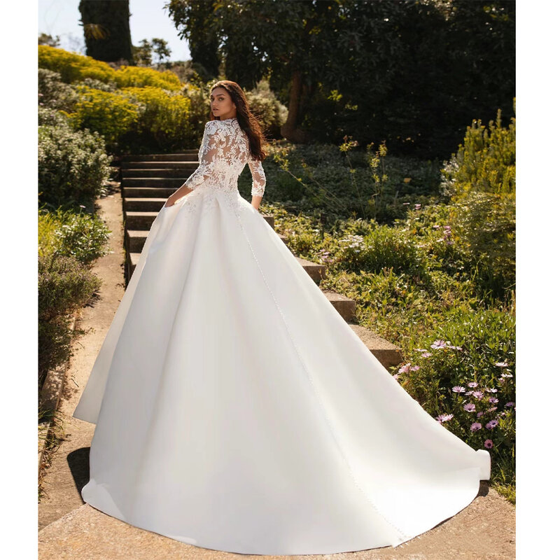 Celebrity Engagement Ball A-Line  Wedding Dresses Formal Lace Print Sleeves Bridal Gowns Popular Long Princess Vestidos De Novia