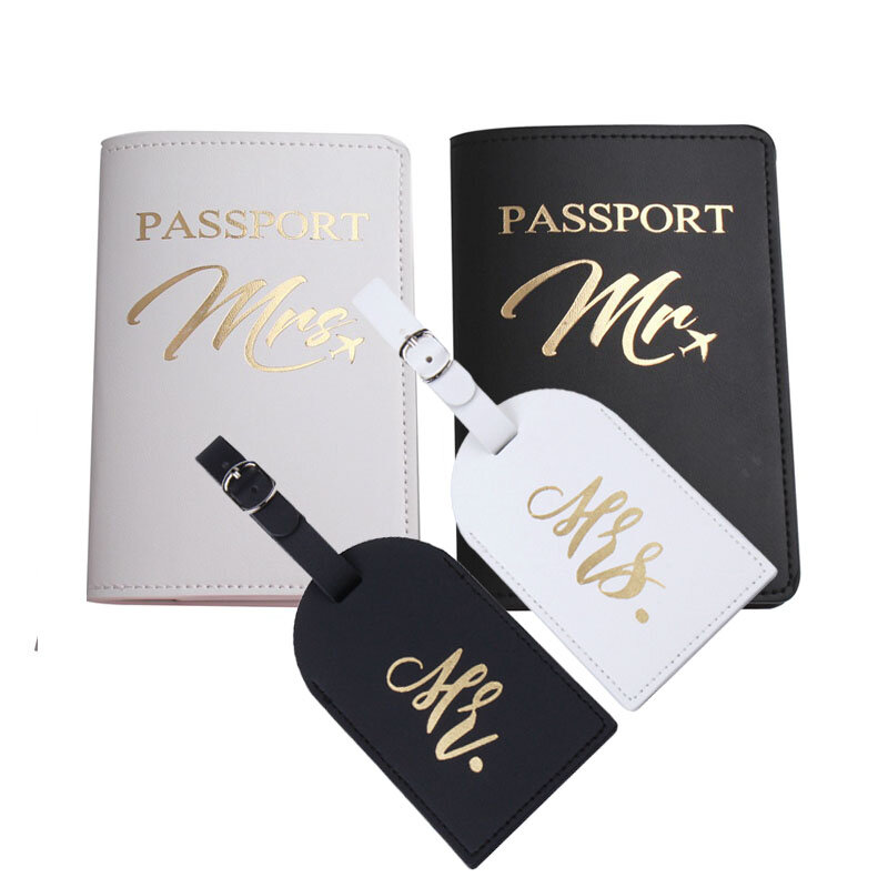 1Set PU Leather Luggage Name Tags Women Men Passport Cover Case Wallet for Couples Honeymoon Wedding Travel Passport Organizer