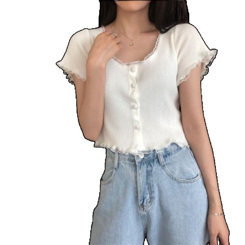 Kaus lengan pendek wanita, baju atasan wanita mode cantik renda Y2k satu baris, kaus Crop Harajuku Streetwear tee