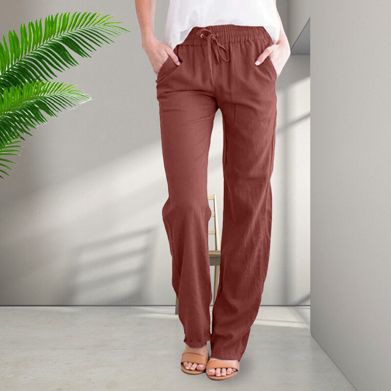 กางเกงเอวสูงขายาวสำหรับผู้หญิงกางเกงฝ้ายลินินเอวสูงมีกระเป๋าสำหรับวันหยุดพักผ่อนชายหาด