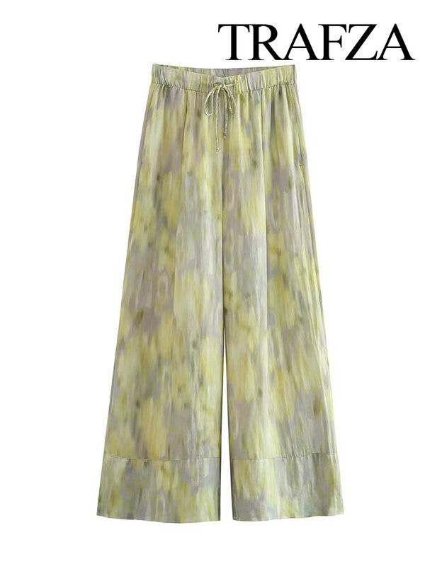 TRAFZA-Pantalones con estampado Vintage para mujer, pantalón de pierna ancha con cintura alta y lazo elástico, de verano