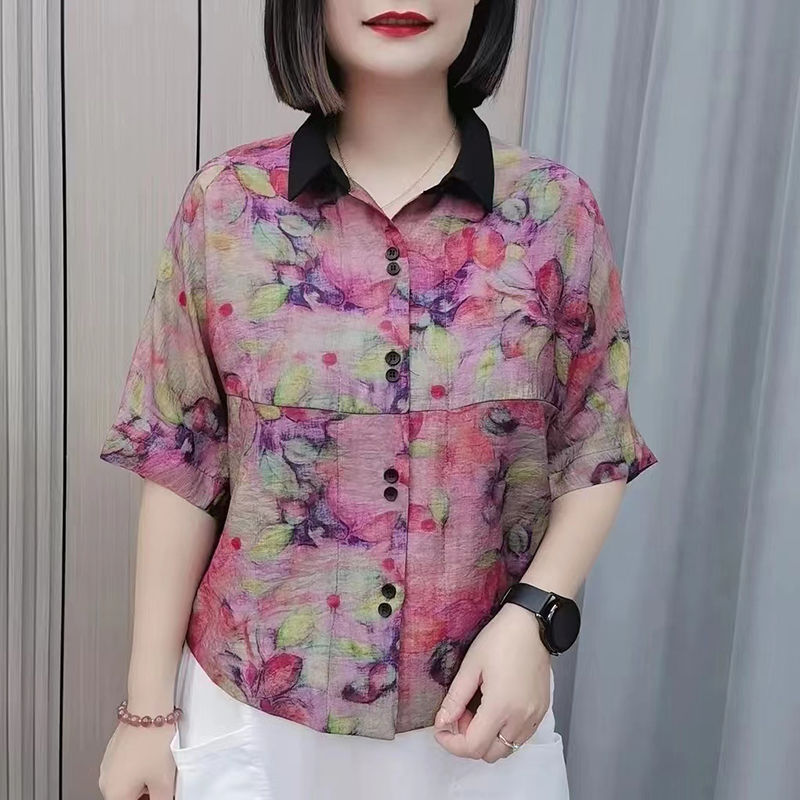 Camisa de manga corta para mujer, camisa informal holgada con estampado de retazos, cuello Polo versátil, temperamento, botonadura única, moda de verano