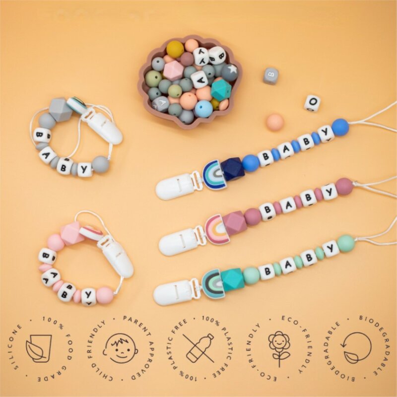 Clip de chupete de bebé personalizado con nombre, cadena de Clips de soporte de pezón simulado, mordedores de silicona arcoíris, juguetes de dentición personalizados, regalo para recién nacido