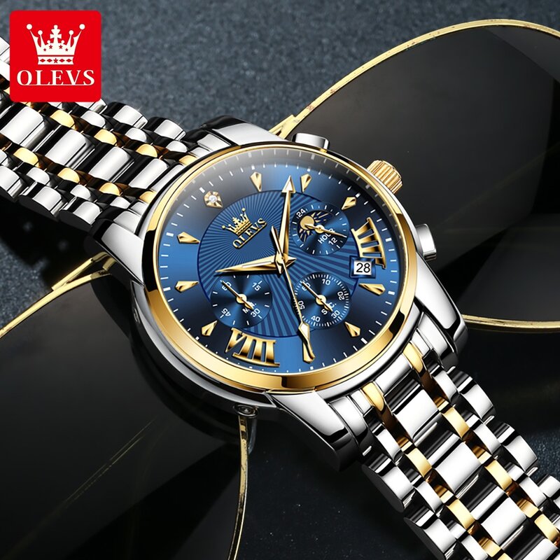 OLEVS Original Luxury Brand Men Watch Stainless Steel Strap Quartz Watch Calendar Luminous Waterproof Moon Phase Male Wristwatch