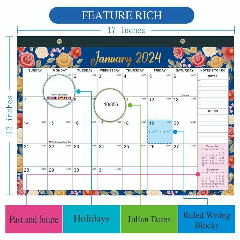 English Wall Calendar with Schedule, Year Planning, Schedule, Wall Note, 18 Meses Hanging, Dezembro 2025, 2022