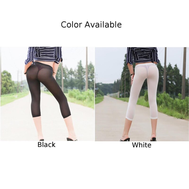 Sexy Lady Transparent Black White Cropped Pants Leggings For Women High Elastic Ice Silk Trousers Female Leggings Clothing