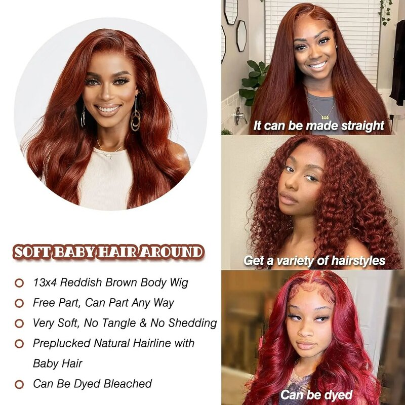 Perruque Lace Front Wig Body Wave Naturelle, Cheveux Humains, Brun Rousse, HD, 13x6, 13x4, Pre-Plucked, Cuivre