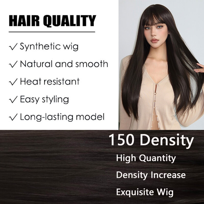 Haircube-perucas marrons longas para mulheres negras, cabelo liso macio com franja, fibra de alta temperatura, moda natural, festa de Natal