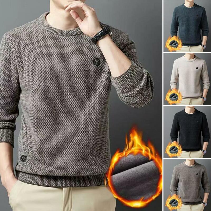 Fall Winter Men Warm Knitted Sweater Round Neck Thick Solid Color Elastic Pullover Soft Men Tops
