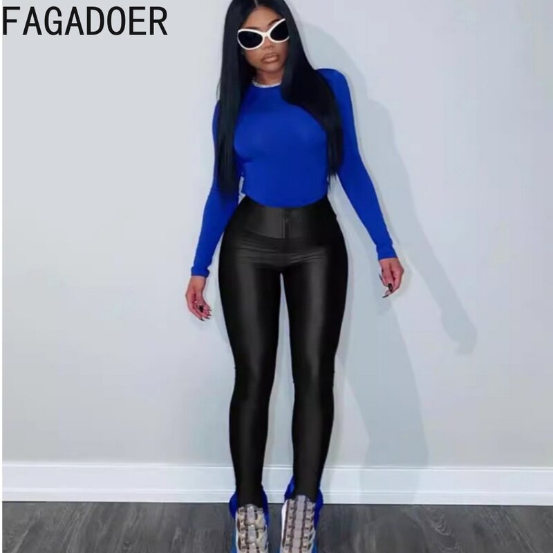 Fagadoer กางเกงเข้ารูปแนวสปอร์ตสำหรับผู้หญิงกางเกงเลกกิ้งผ้ายืดเอวสูงสีทึบกางเกงเข้าคู่กับ2024ฤดูใบไม้ผลิ