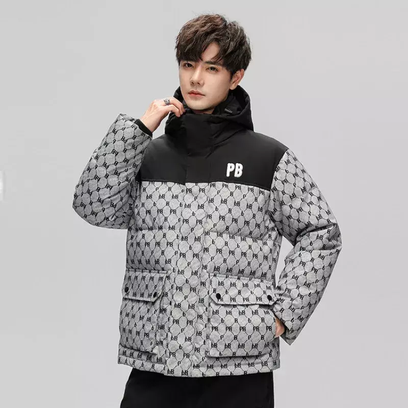 Winter Men's hooded Down Coat Thickened White Duck Down Warmth Printed Trendy Casual Fashion Windproof Men's Jacket