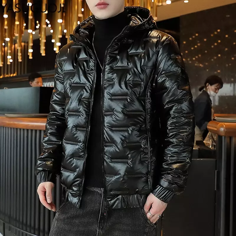 Модная яркая мужская зимняя куртка с капюшоном в уличном стиле, повседневные парки, мужские пальто, водонепроницаемые блестящие пальто, приталенная мужская одежда