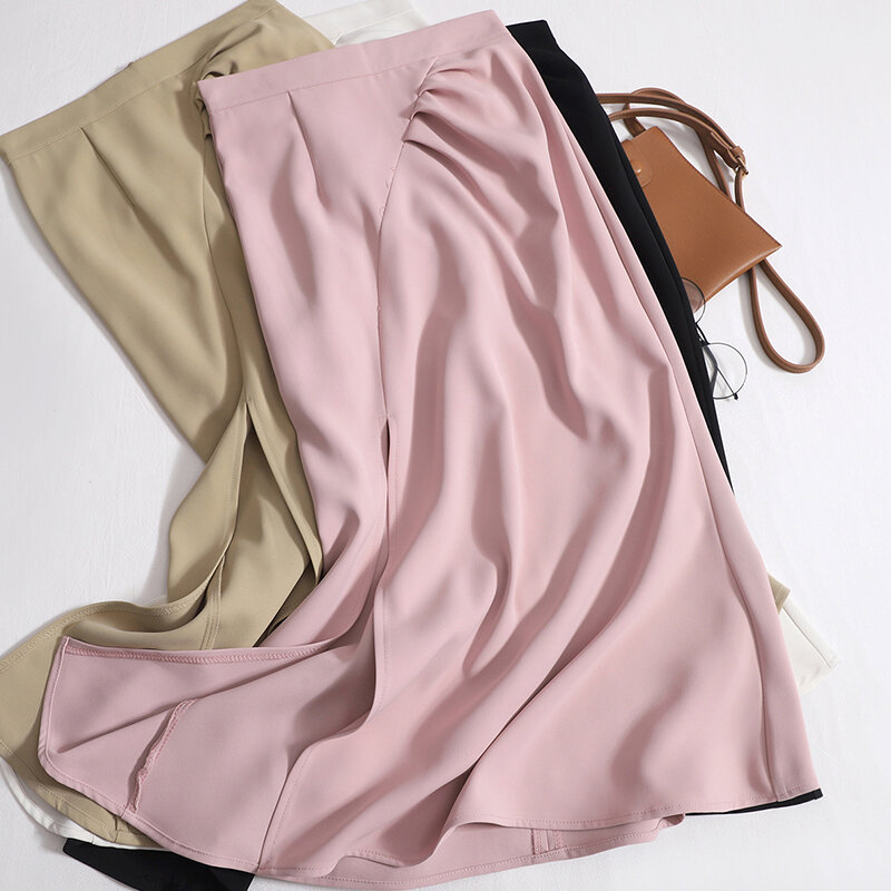 Spring Summer Half Dress Women High Waist Solid Color Pleated Split Skirt Female Casual Fashion A-line Zipper Long Skirts
