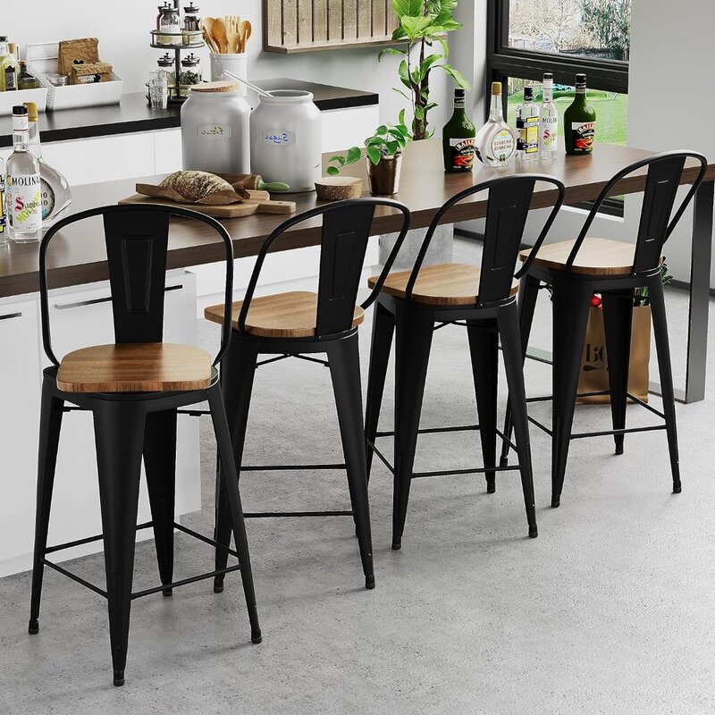 LRTworld 24-calowe obrotowe stołki barowe przemysłowe metalowe stołki barowe z wysokim oparciem jadalnia krzesła barowe stołki na ladę z drewnianym