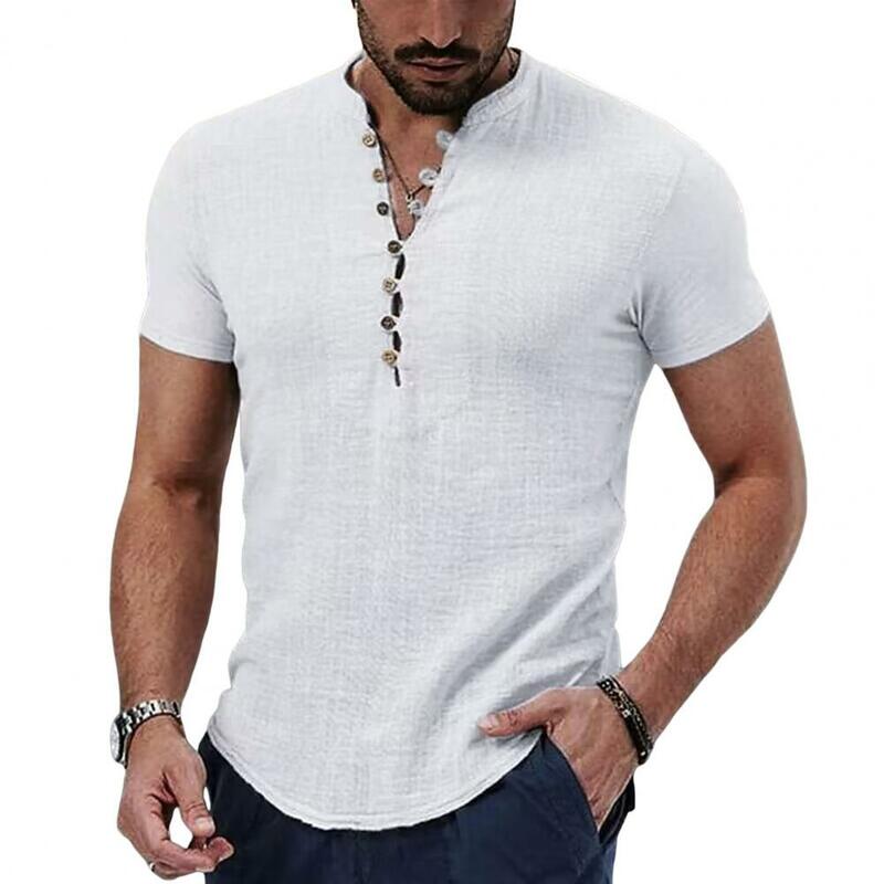 Camicia estiva da uomo in cotone e lino con bottoni Casual t-Shirt a maniche corte con vestibilità ampia e vestiti maschili traspiranti