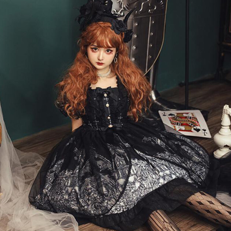 Gotycki styl w stylu Vintage Lolita Jsk damska z japonii Harajuku kostiumy Cosplay uwięziona dziewczyna wiktoriańska księżniczka impreza Halloween