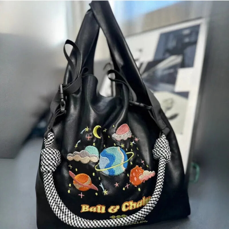 Japanese Ball&ampchain Leather Bag 2024 Embroidered Trendy Brand Crossbody Handbag Portable Large Capacity Japanese And Korean