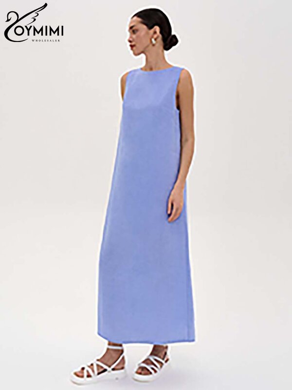 Oymimi 캐주얼 블루 코튼 여성 드레스, O-넥 심플 민소매 드레스, 우아한 스트레이트 미드 카프 원피스, 스트리트웨어, 여름 신상