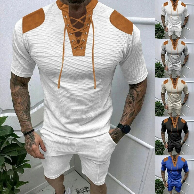 Comfy Fashion Set Men Summer T Shirt Tracksuit V Neck Casual Colorblock Comfortable For Summer Polyester Regular
