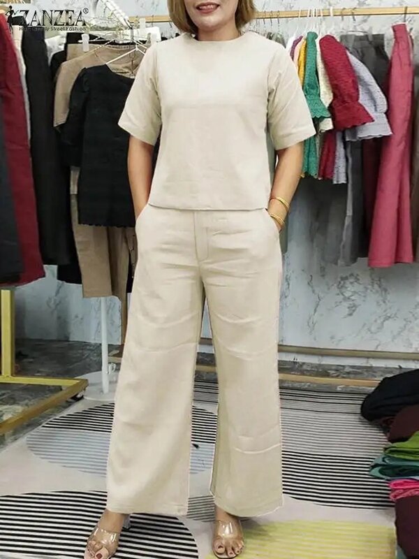 2024 Summer Suit Women Work Matching Sets ZANZEA Elegant Short Sleeve Blouse Wide Leg Pant Sets 2PCS Fashion Urban Tracksuits
