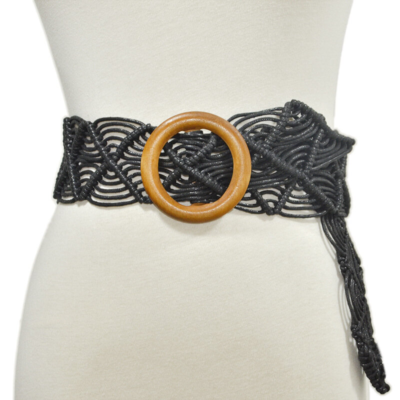 TEELYNN-cinturón bohemio para Vestido de playa para mujer, cinturón con hebilla de madera redonda, cinturones Vintage hechos a mano, cuerda trenzada ancha tejida, cinturón étnico