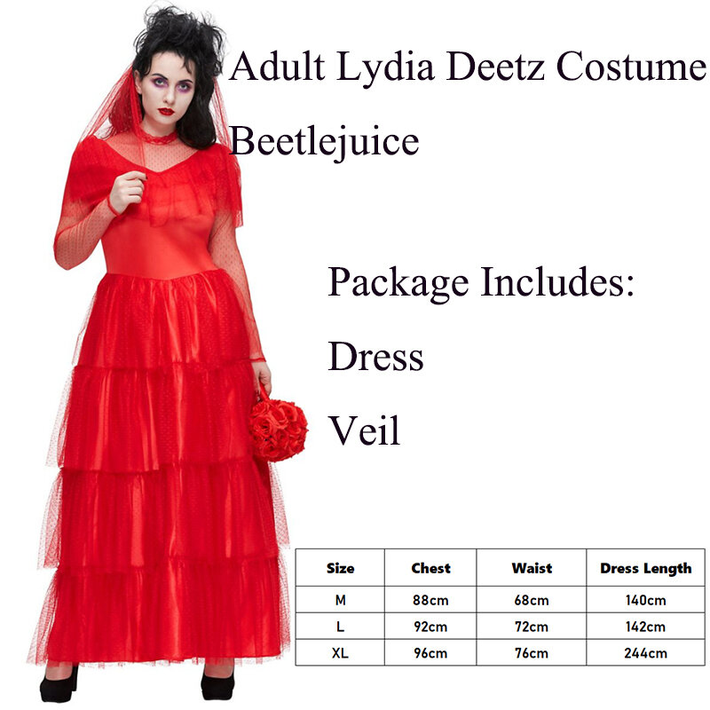 Robe de mariée gothique pour femme, costume d'Halloween, robe de paupières, costume Beetlejuice Lydia Dequestations, rouge adulte