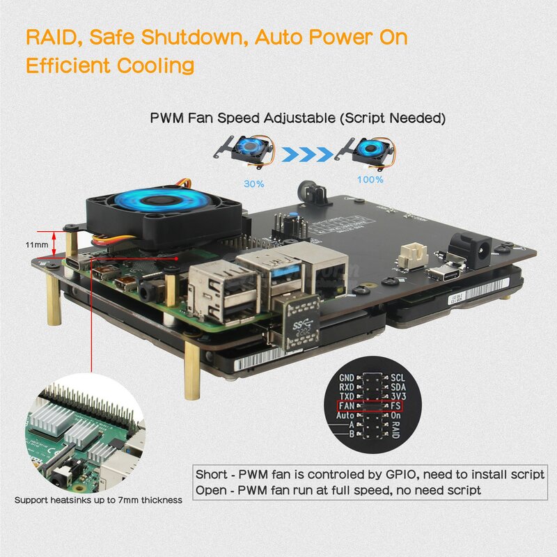 NASPi-Kit de carcasa para Raspberry Gemini Dual, carcasa de 2,5 ", SATA HDD/SSD NAS con ventilador PWM, RAID, apagado seguro y encendido automático