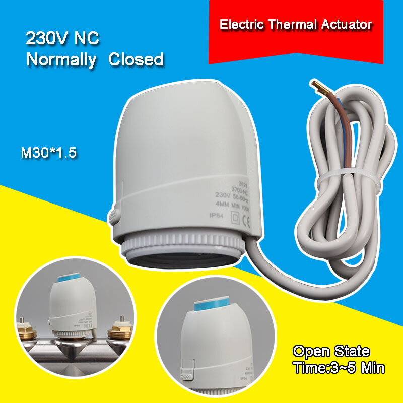 Actuador eléctrico térmico para sistema de calefacción por suelo radiante, 230V/24V, normalmente cerrado