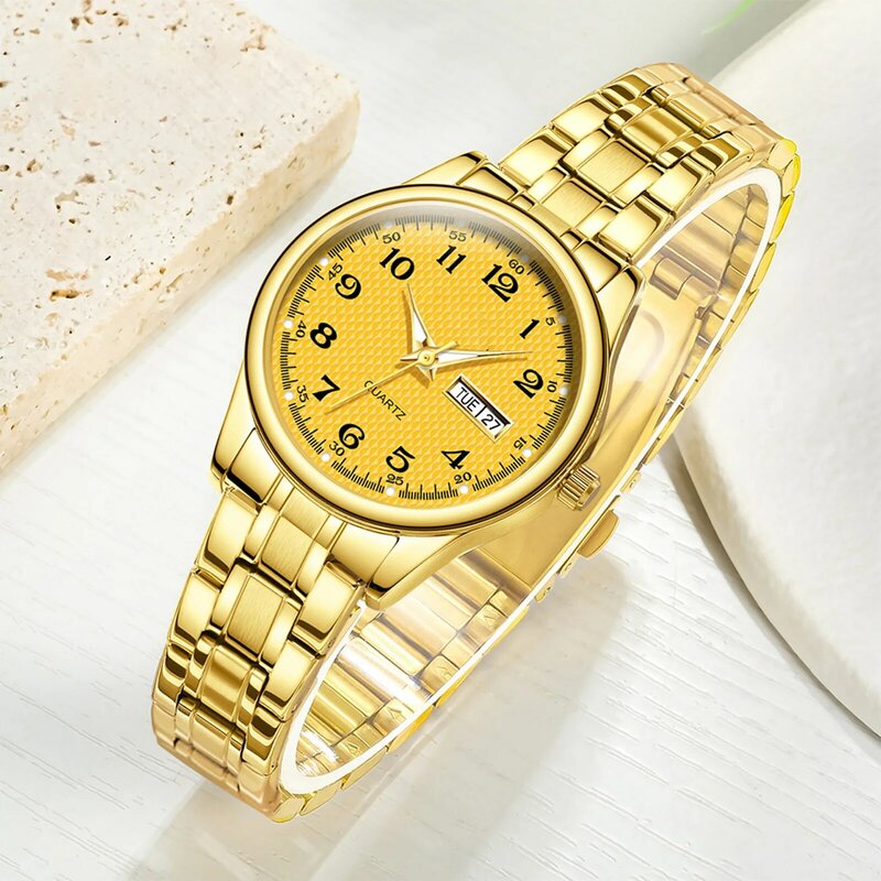 Jam tangan wanita klasik, 28mm, jam tangan Quartz sederhana dengan kalender ganda untuk pertemuan bisnis kantor luar